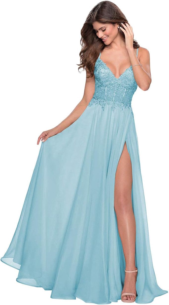 Women's Lace Appliqued Chiffon Prom Dresses Long with Slit Spaghetti Straps V Neck Formal Party Gowns