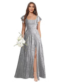 Floral Bridesmaid Dresses for Women Long A-Line Square Neck Lace Formal Evening Gown with Sleeves Slit