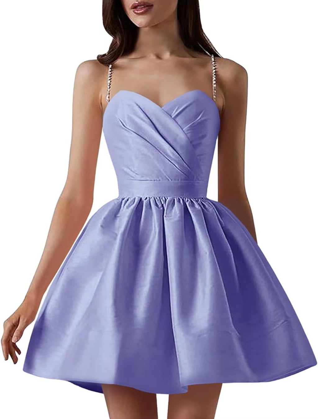 Satin Homecoming Dresses for Teens Spaghetti Straps Short Prom Dress A-Line Cocktail Wedding Guest Dress