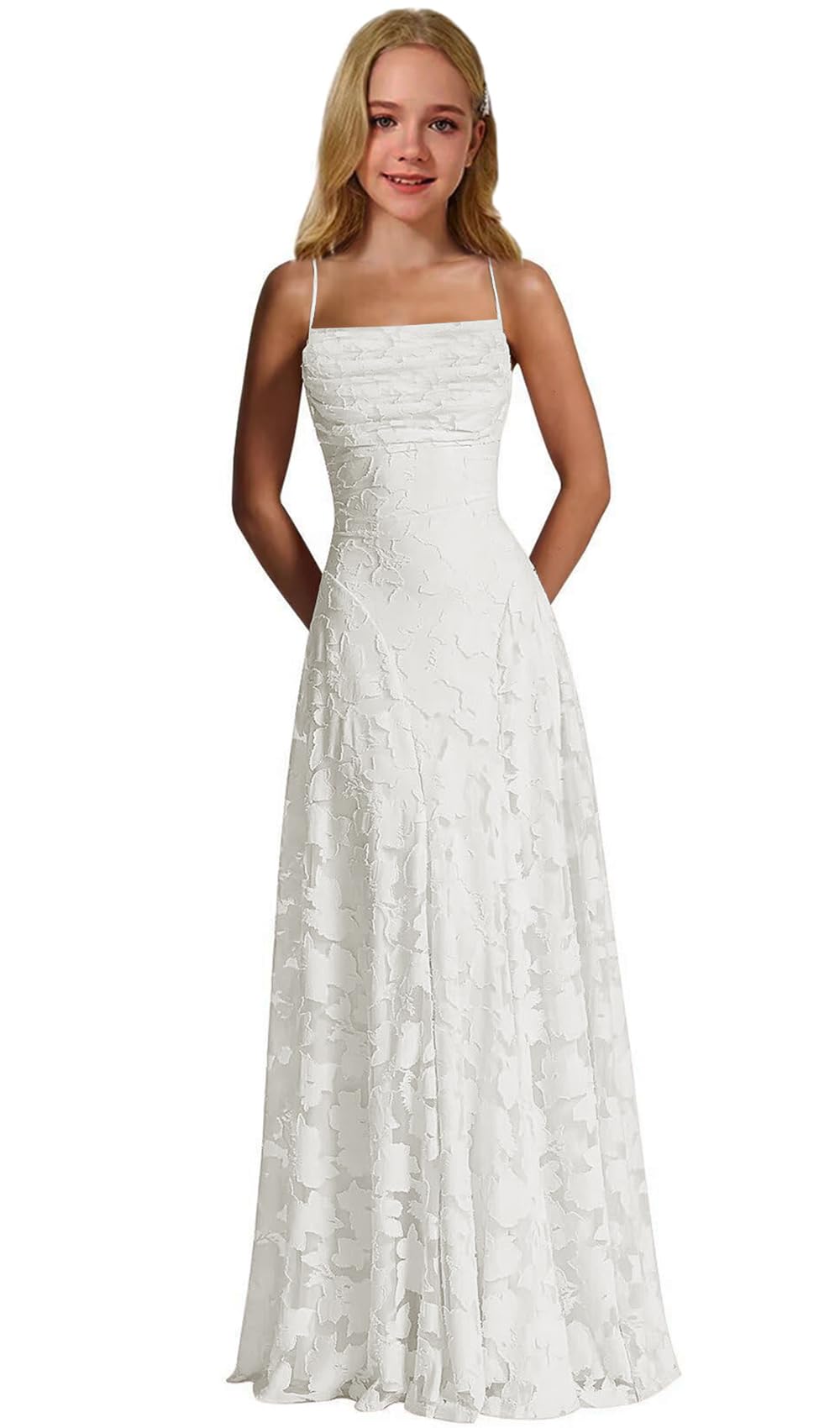 Lace Floral Junior Bridesmaid Dresses Long Spaghetti Strap Prom Dress for Teens Formal Gown Flower Girls Dress