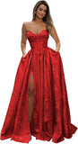 Strapless Prom Dress Jacquard Satin Ball Gown Pleated A Line Long Corset Formal Evening Dresses with Slit Pockets