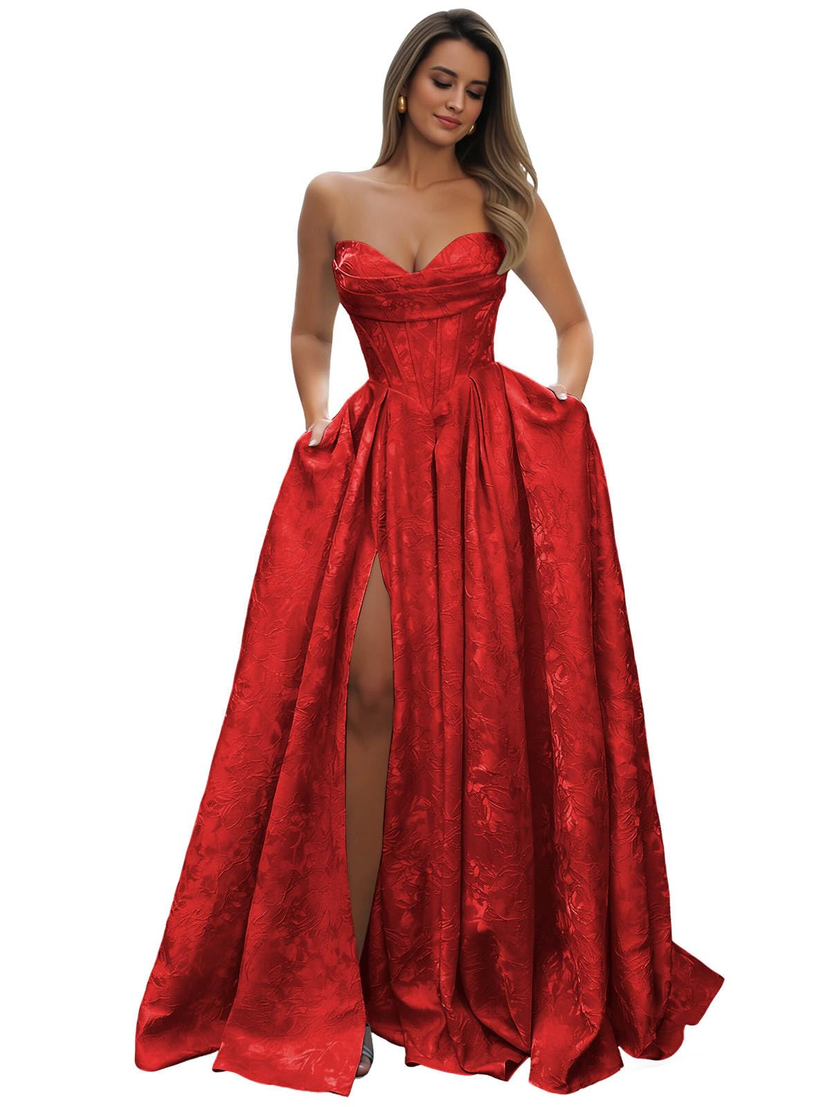 Strapless Prom Dress Jacquard Satin Ball Gown Pleated A Line Long Corset Formal Evening Dresses with Slit Pockets