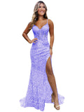 Sparkly Sequin Prom Dresses for Teens 2026 V Neck Glitter Applique Mermaid Formal Evening Gown with Slit