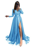 Long Sleeve Sequin Prom Dresses for Women 2027 Satin Formal Dress Sparkly Slit Evening Party Gown with Pocket