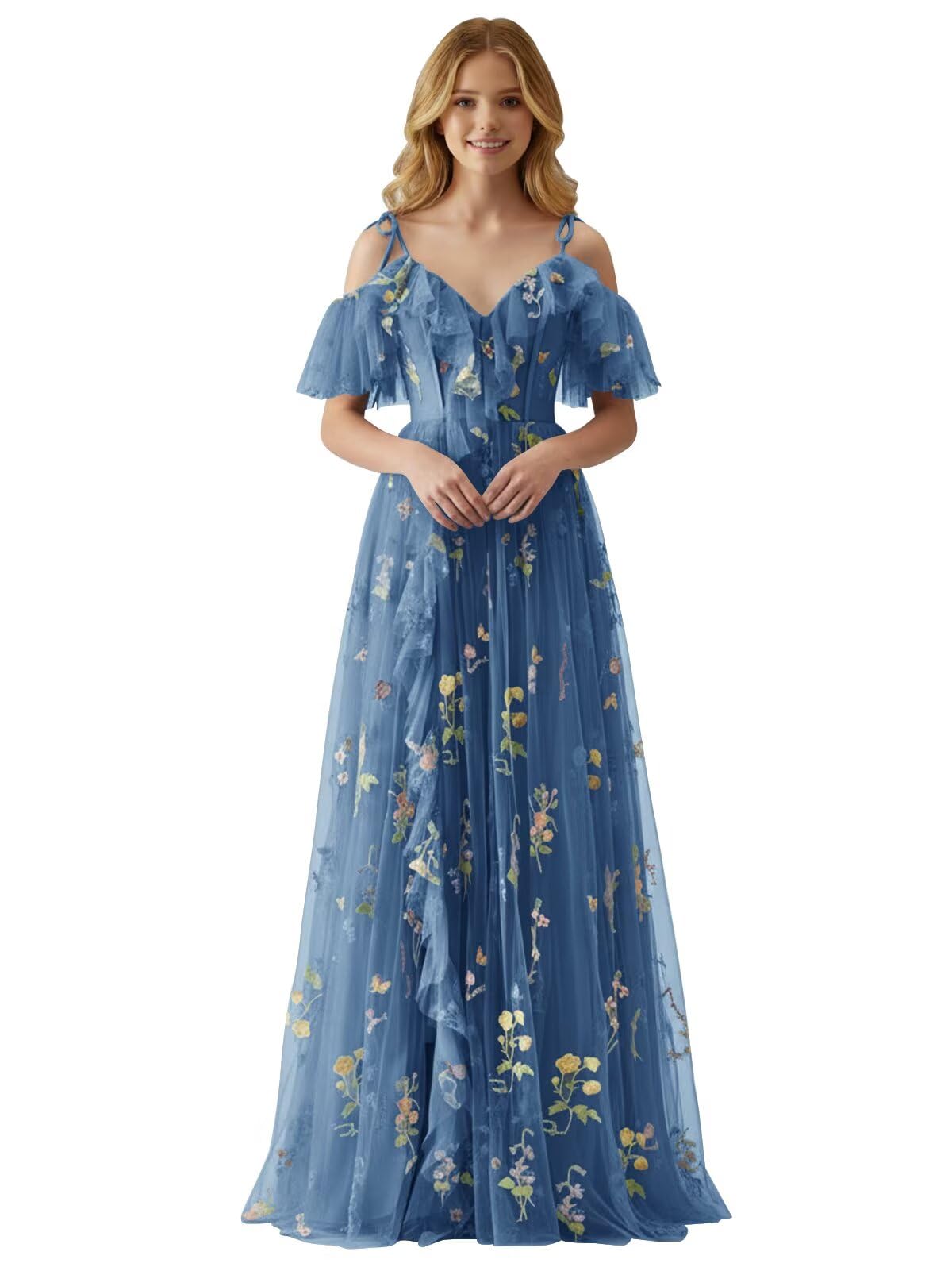 Fairy Tulle Junior Bridesmaid Dresses for Teen Girls Long Flower Embroidery Formal Prom Gown with Slit