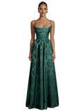 Floral Jacquard Prom Dresses for Women Spaghetti Straps A Line Satin Cowl Neck Formal Evening Party Dress