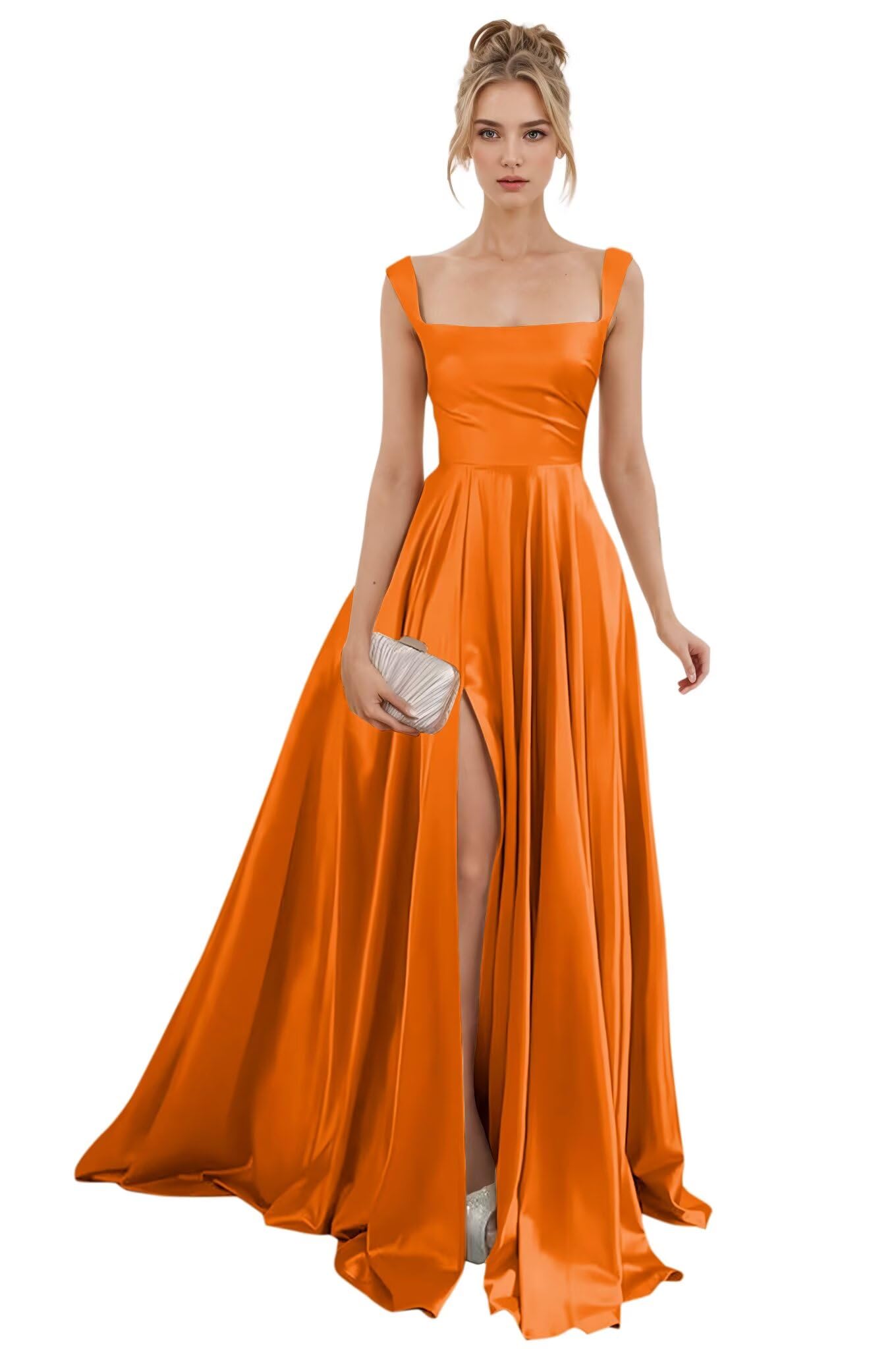 Spaghetti Straps Satin Bridesmaid Dresses for Women Long A-Line Square Neck Formal Evening Party Gown with Slit