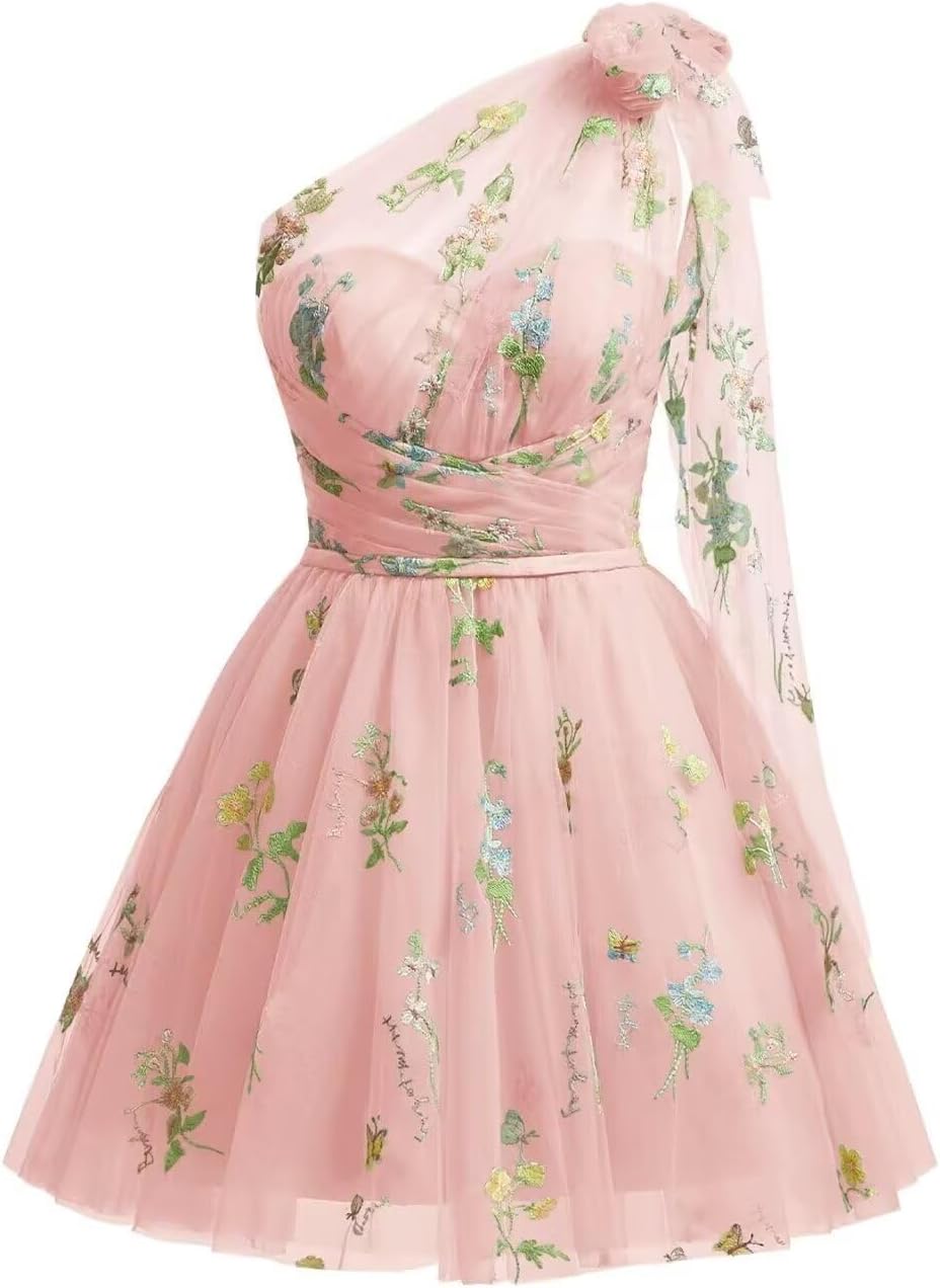 One Shoulder Homecoming Dresses for Teens Flower Embroidery Tulle Short Prom Dress A-Line Formal Party Ball Gowns