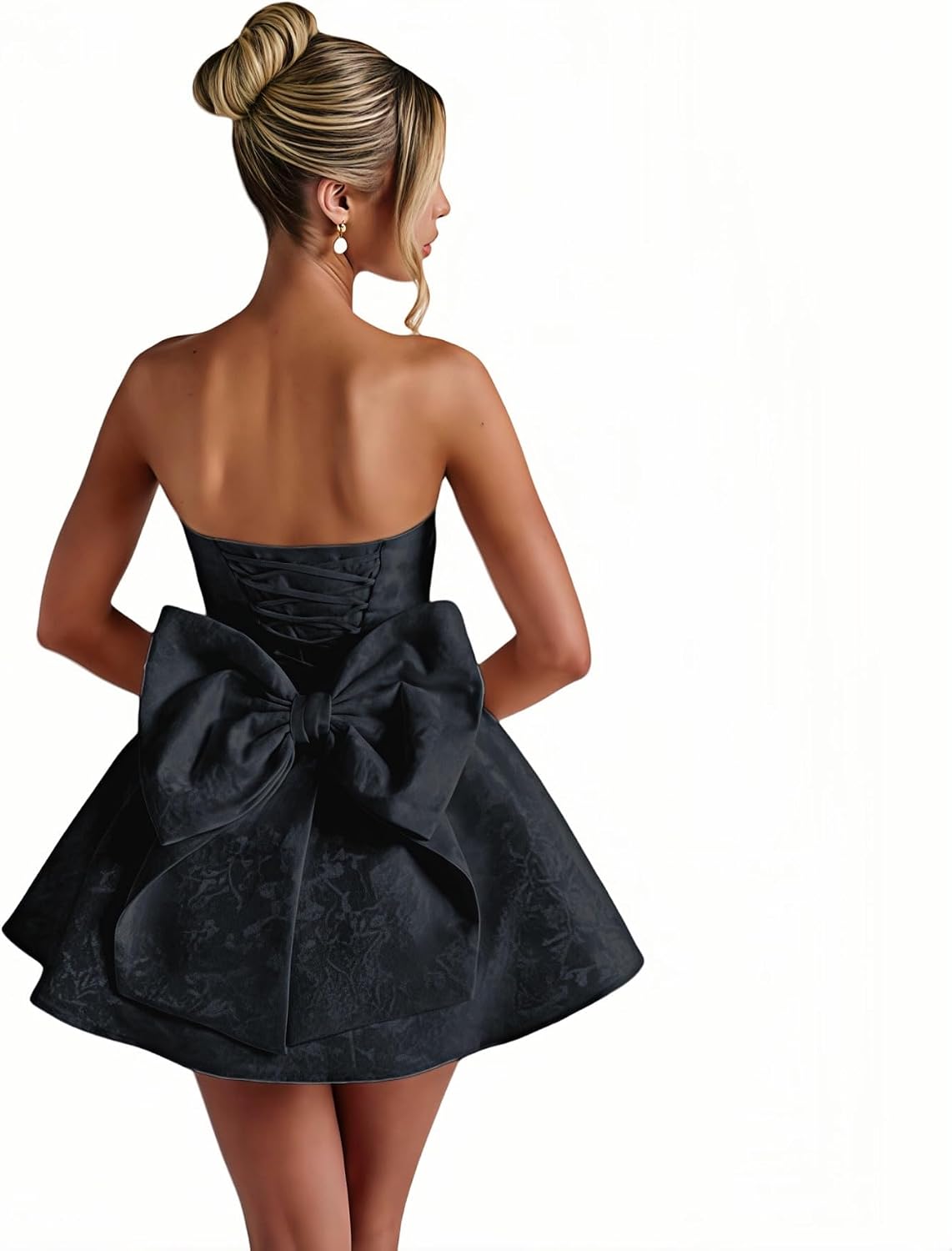 Jacquard Satin Homecoming Dress with Bow Elegant Strapless Mini Dress A Line Short Prom Dresses Party Gown