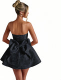 Jacquard Satin Homecoming Dress with Bow Elegant Strapless Mini Dress A Line Short Prom Dresses Party Gown