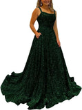 Kingbridal Gowns Spaghetti Straps Prom Dresses Long for Women 2026 A Line Sequin Satin Formal Evening Party Ball Gowns with Slit
