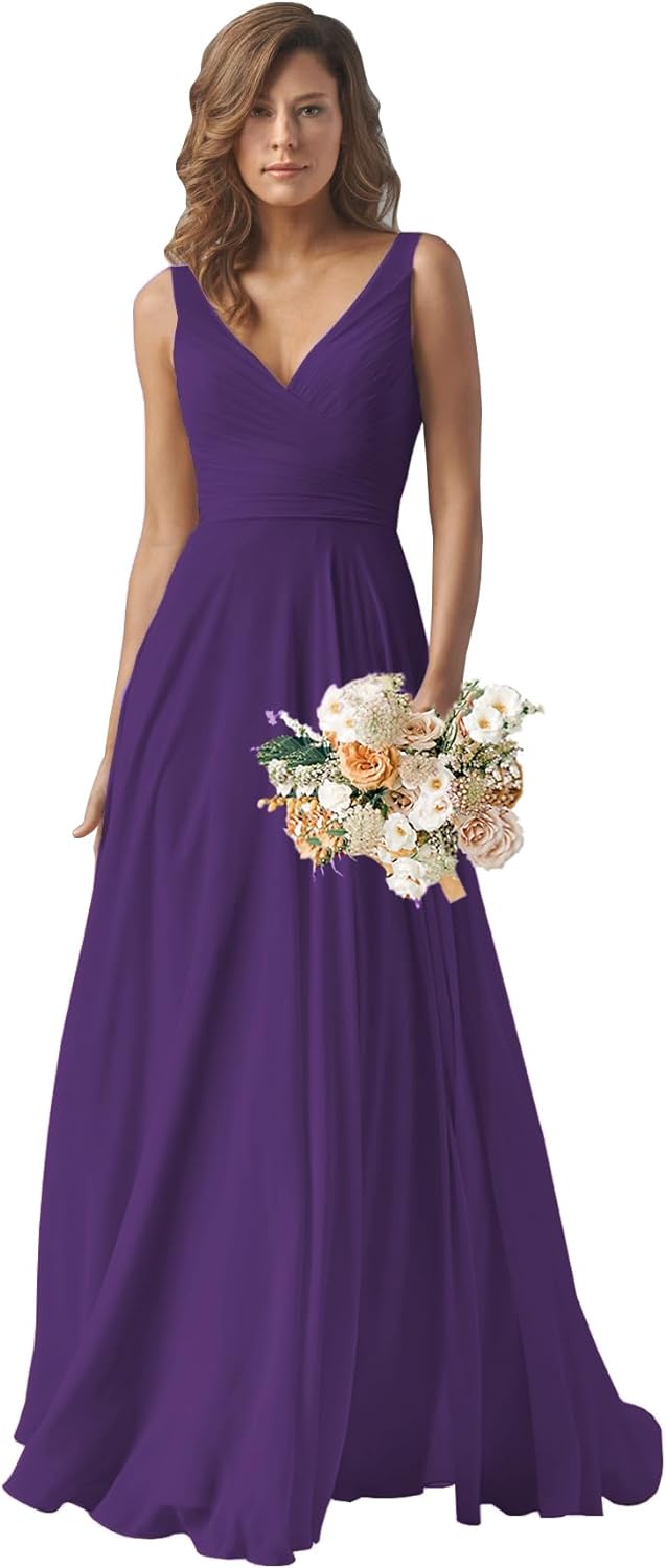 Chiffon Bridesmaid Dresses Long for Women A Line Ruched Formal Porm Evening Gowns