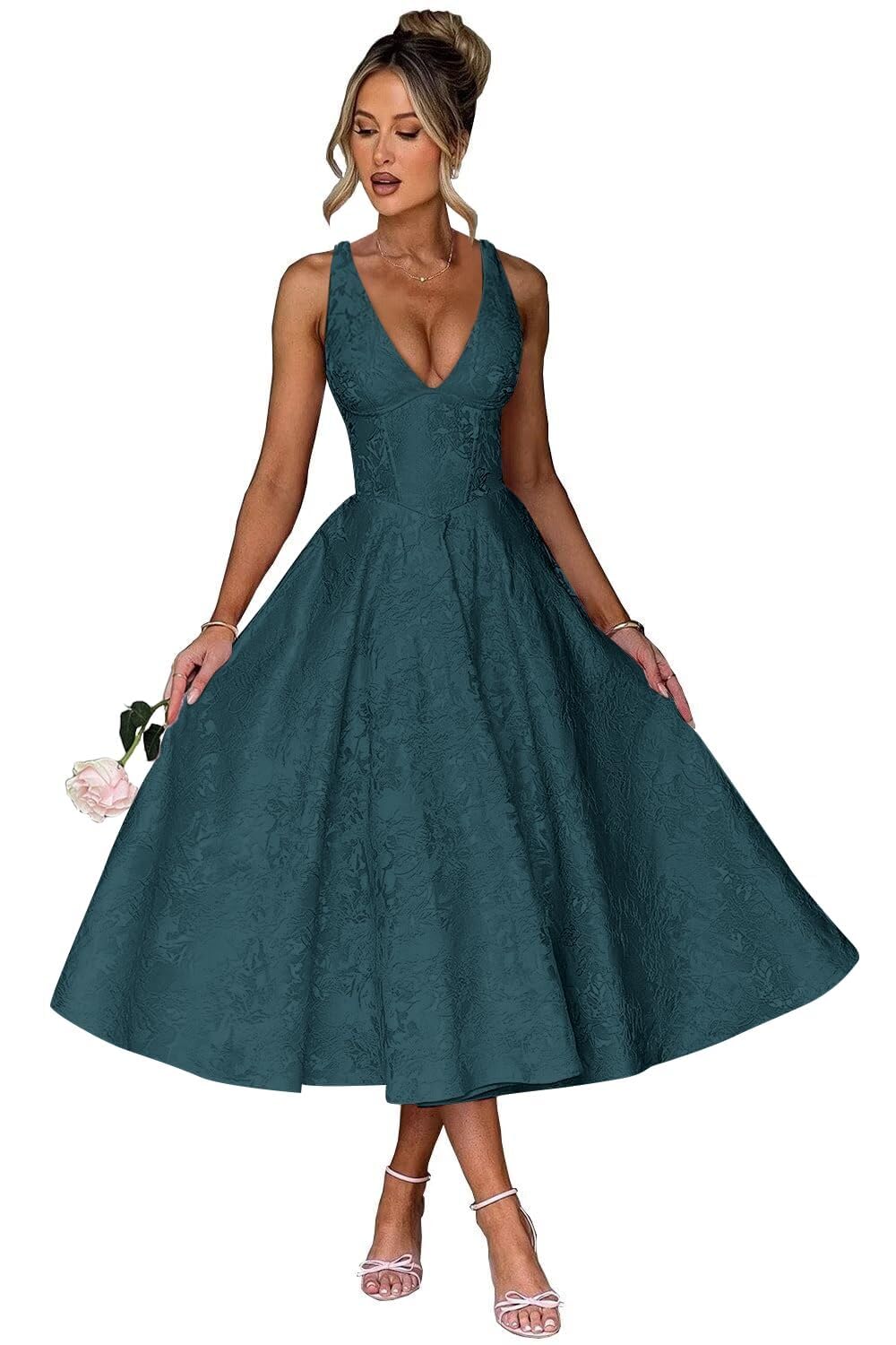 V Neck Tea Length Prom Dress for Women Satin Evening Party Gown A Line Cocktail Dress