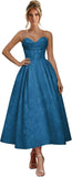 Jacquard Satin Prom Dresses for Women Strapless Tea Length Sweetheart Neck A-line Formal Party Dress with Pockets