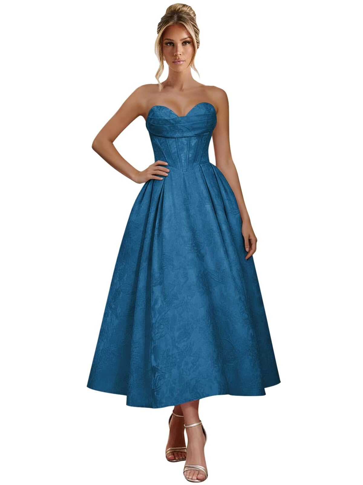 Jacquard Satin Prom Dresses for Women Strapless Tea Length Sweetheart Neck A-line Formal Party Dress with Pockets