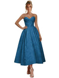 Jacquard Satin Prom Dresses for Women Strapless Tea Length Sweetheart Neck A-line Formal Party Dress with Pockets