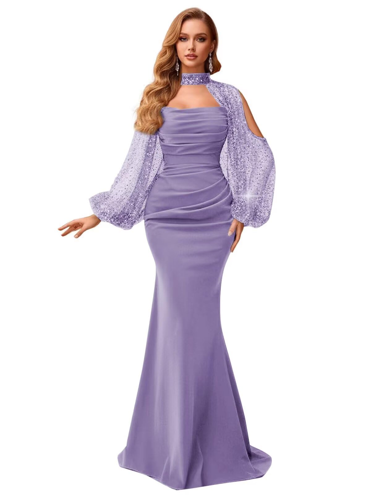 Kingbridal Gowns Long Sleeve Prom Dresses 2026 Mermaid Satin Formal Dress for Women Sparkly Sequin Halter Neck Evening Party Gowns