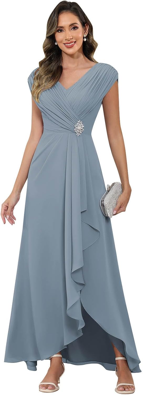 Cap Sleeve Mother of The Bride Dresses Chiffon V Neck Beaded Ruffles A Line Long Formal Evening Dress