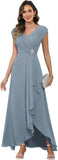 Cap Sleeve Mother of The Bride Dresses Chiffon V Neck Beaded Ruffles A Line Long Formal Evening Dress