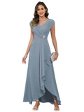 Cap Sleeve Mother of The Bride Dresses Chiffon V Neck Beaded Ruffles A Line Long Formal Evening Dress