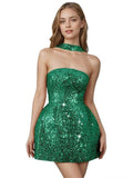 Strapless Sequin Homecoming Dresses for Teens Short Prom Dress Sparkly A-Line Cocktail Party Gowns with Pockets