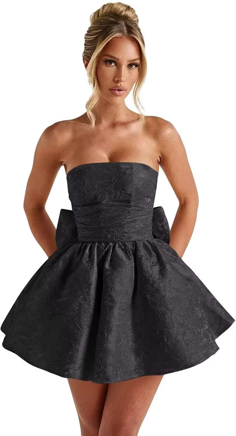 Strapless Satin Homecoming Dresses for Teens 2027 Jacquard A-line Short Prom Cocktail Gowns with Bow