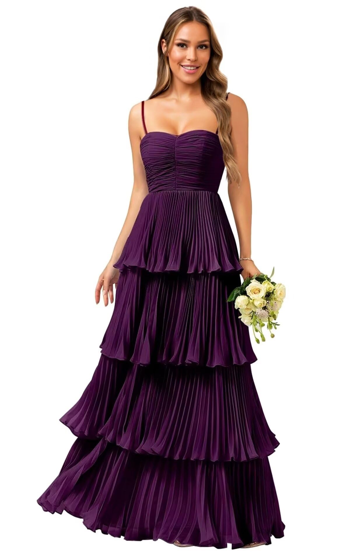 Tiered Ruffle Bridesmaid Dresses for Women Spaghetti Straps Long Chiffon Formal Evening Prom Gowns