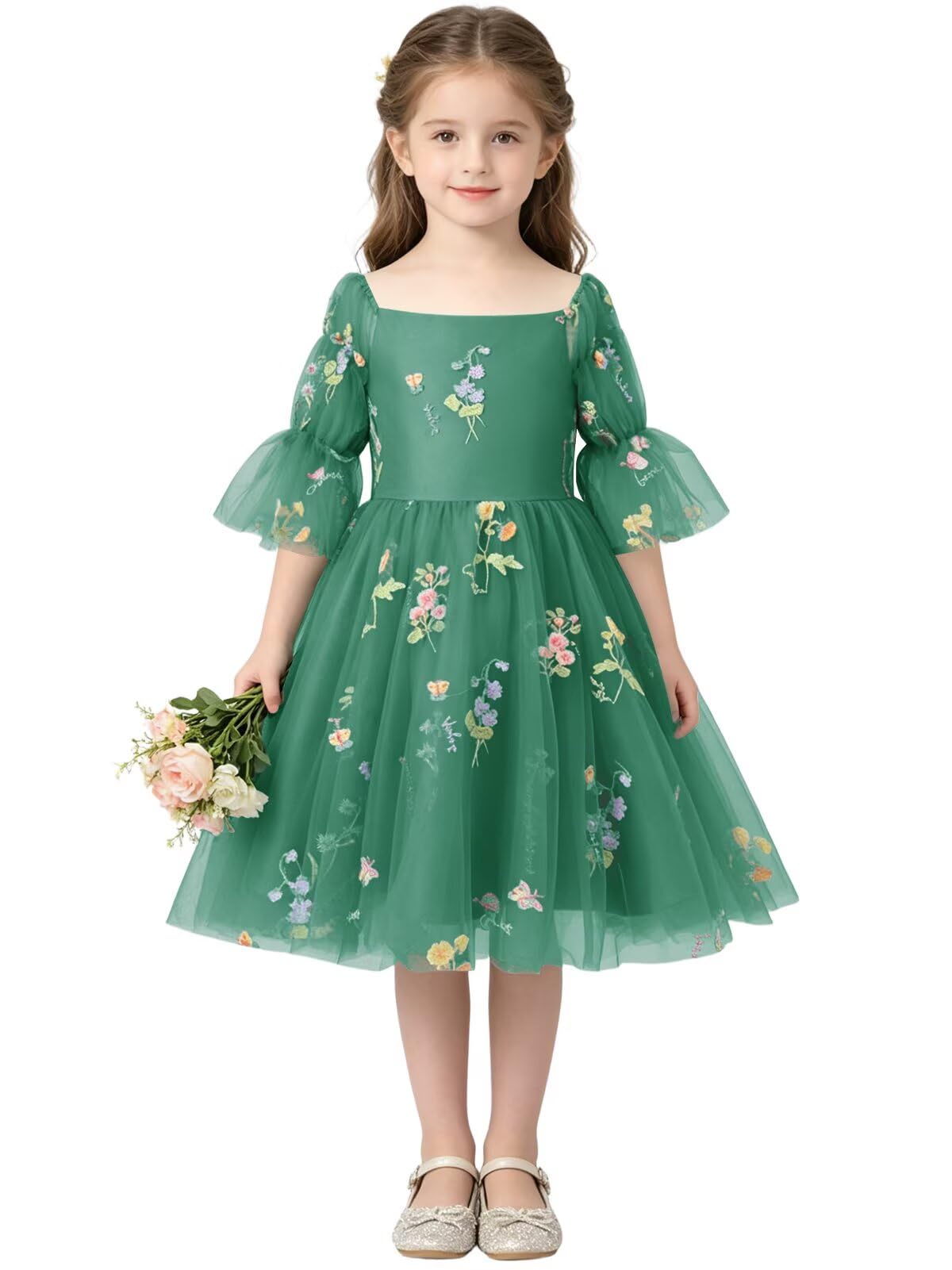 Floral Embroidery Flower Girl Dress Puff Sleeve Birthday Party Gown Girls Tulle A-Line Short Wedding Guests Dresses