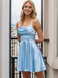 Women's Short Light Blue Homecoming Dresses Flowy Spaghetti Strap Pleated Satin Formal Cocktail Party Gown