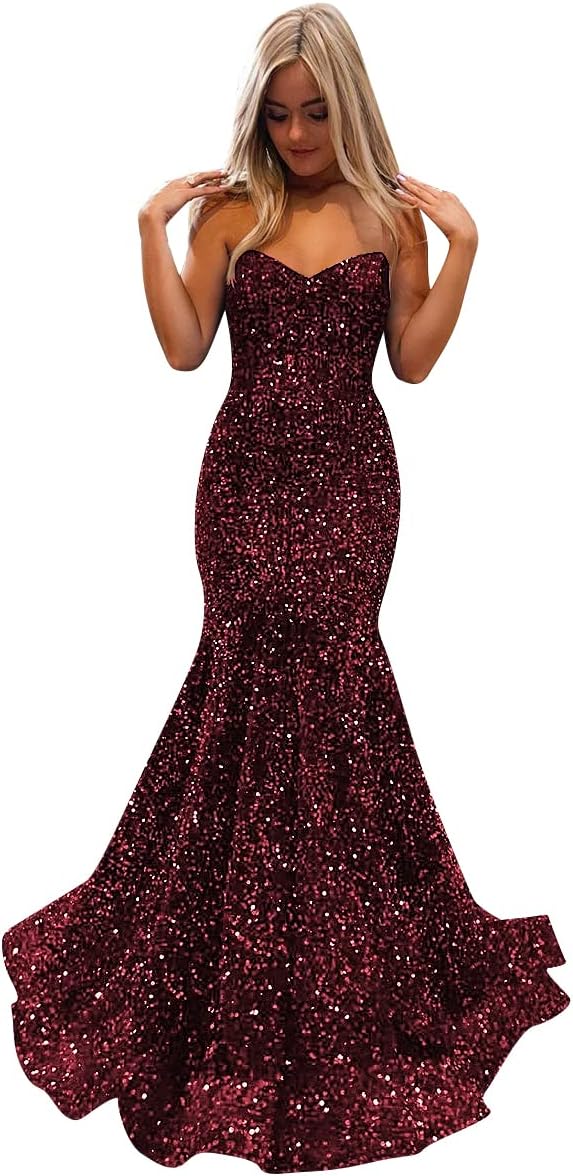 Women's Strapless Sequin Prom Dresses with Train Criss-Cross Mermaid Long Formal Evening Gowns