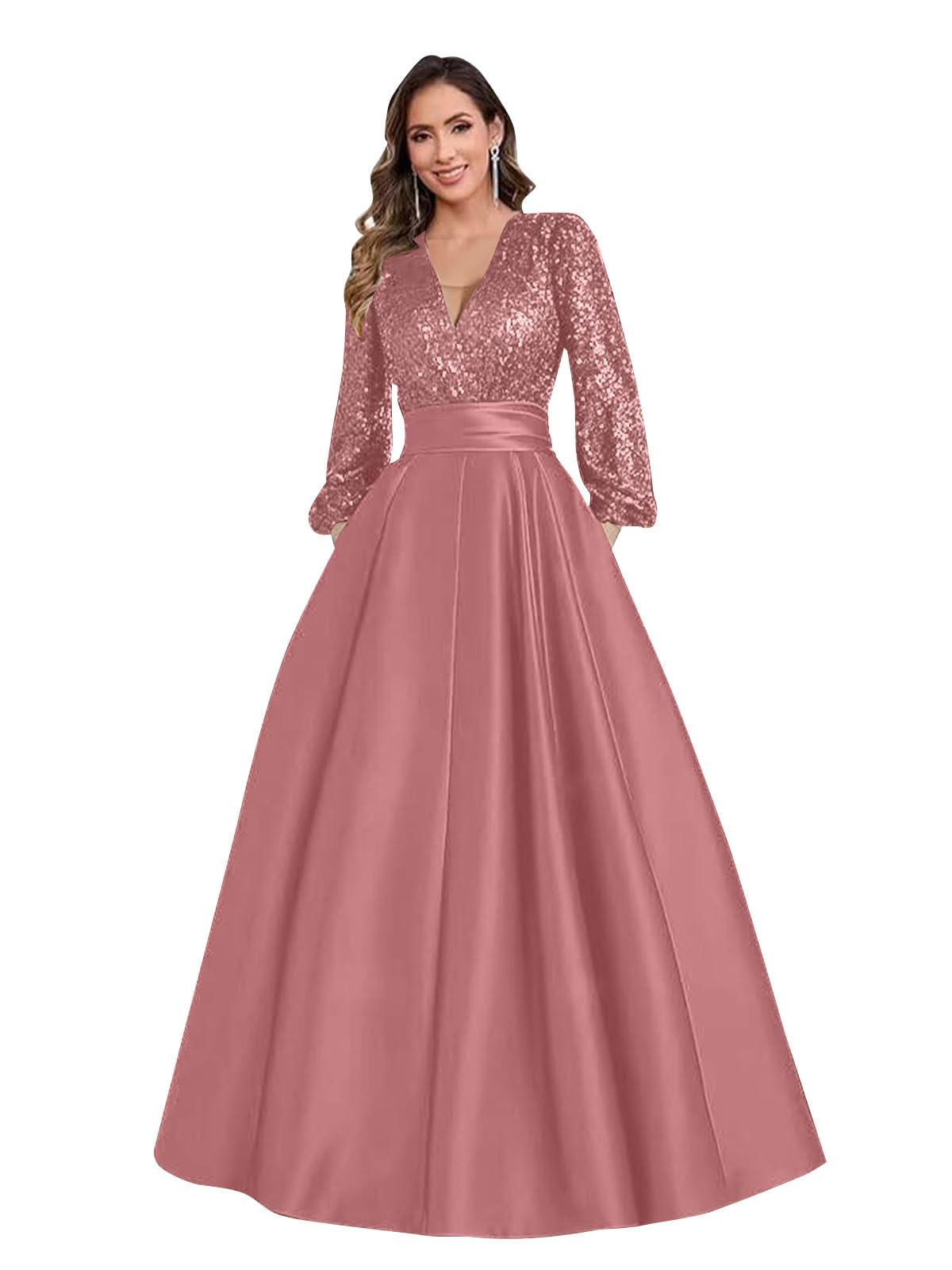 Satin Mother of Bride Dresses Long for Women Sequin Long Sleeve Evening Gown with Pockets