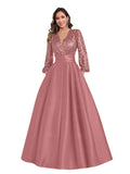 Satin Mother of Bride Dresses Long for Women Sequin Long Sleeve Evening Gown with Pockets