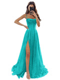 Women's Spaghetti Straps Glitter Tulle Prom Dress with Slit Cowl Neck Long Evening Formal Party Gown