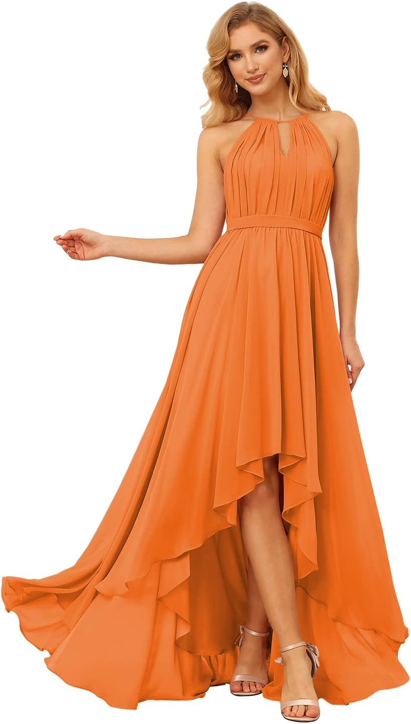 Damen Neckholder Brautjungfernkleider Lang mit Taschen High-Low Falten Formelles Kleid für Hochzeit 