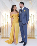 Off Shoulder Satin Bridesmaid Dresses Long Formal Gown for Wedding Ruched Prom Dress with Slit