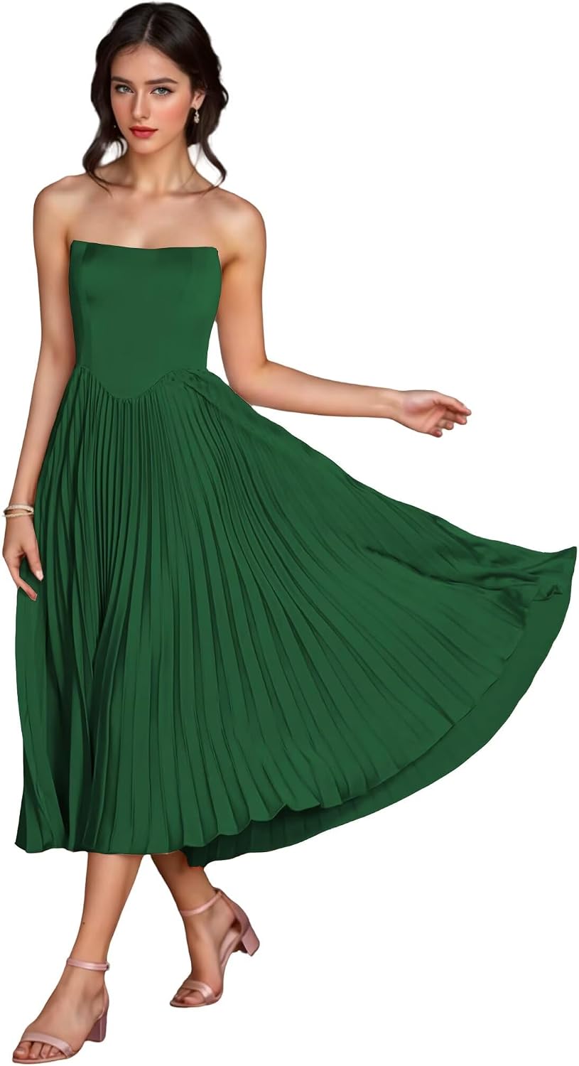 Women's Strapless Bridesmaid Dresses for Womens Tea Length Ruffle Satin Formal Prom Dress