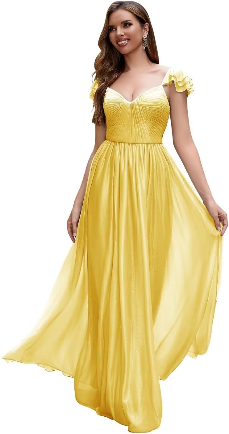 Cap Sleeve Bridesmaid Dresses for Women Long V Neck Ruffled Split Glittery Long Formal Evening Dress with Pocket
