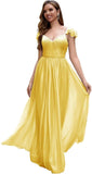 Cap Sleeve Bridesmaid Dresses for Women Long V Neck Ruffled Split Glittery Long Formal Evening Dress with Pocket