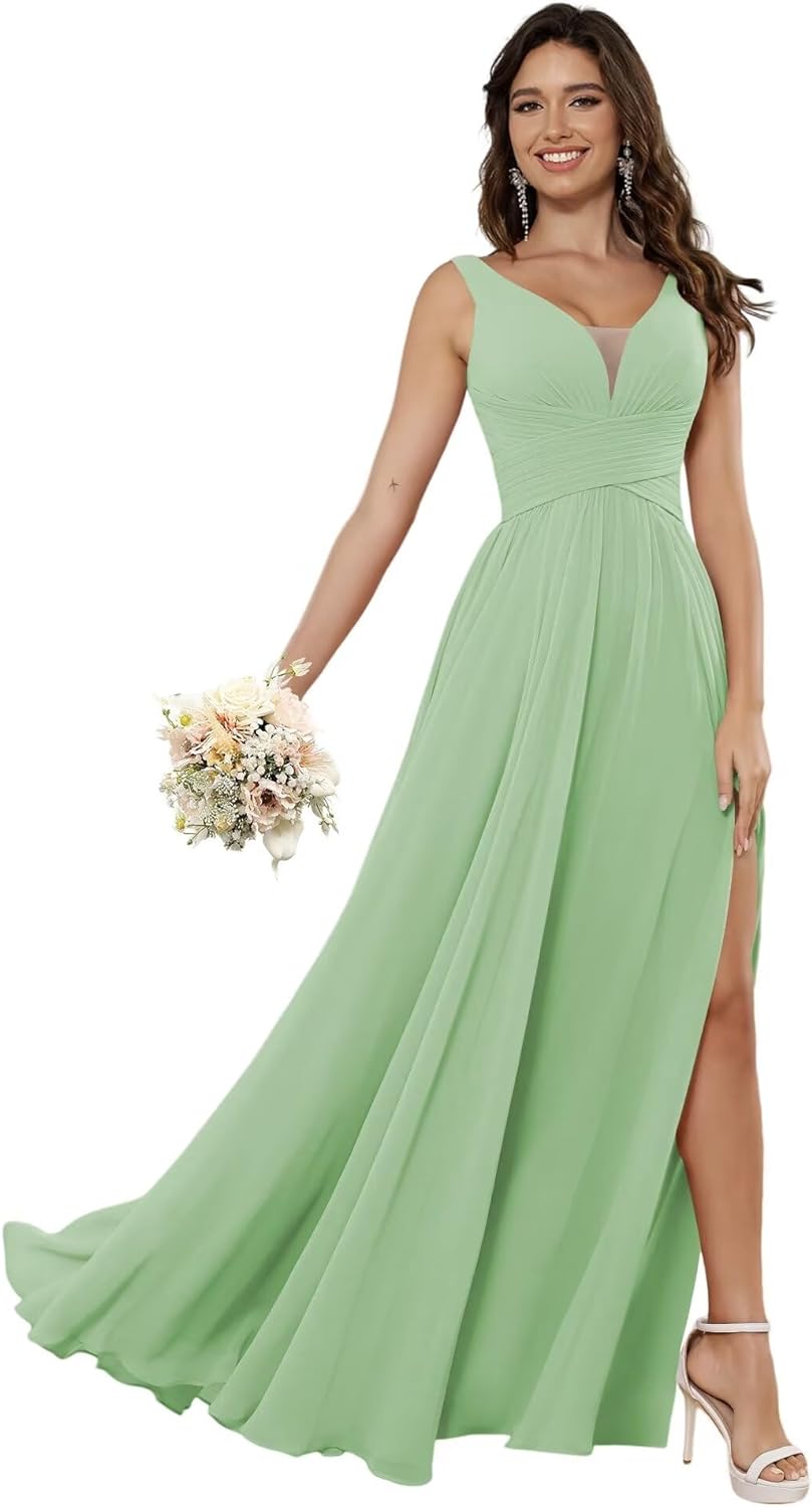 Vestidos de dama de honor sencillos de gasa para mujer con bolsillos, vestidos formales largos con escote en V y abertura 