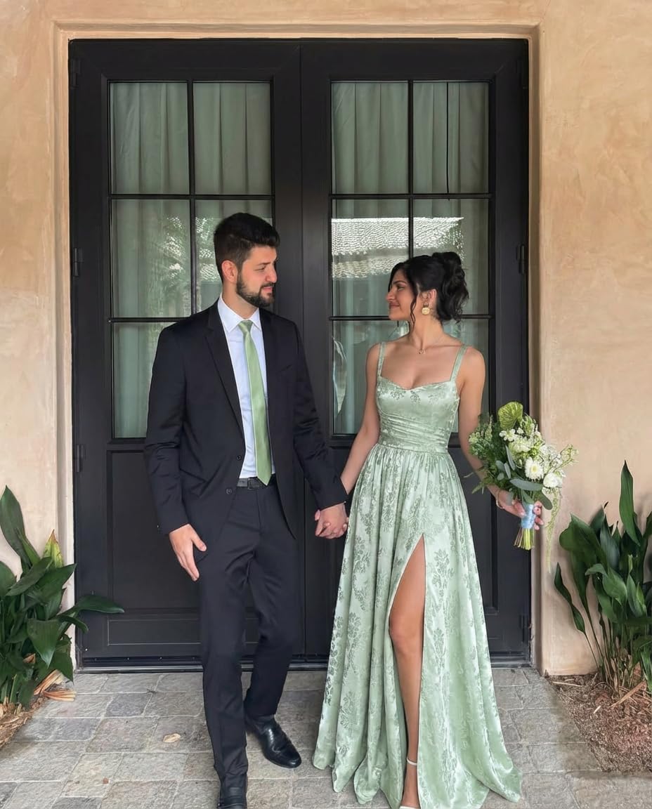 Jacquard Satin Prom Dresses with Slit Spaghetti Straps A Line Maxi Long Formal Evening Dress Party Gowns