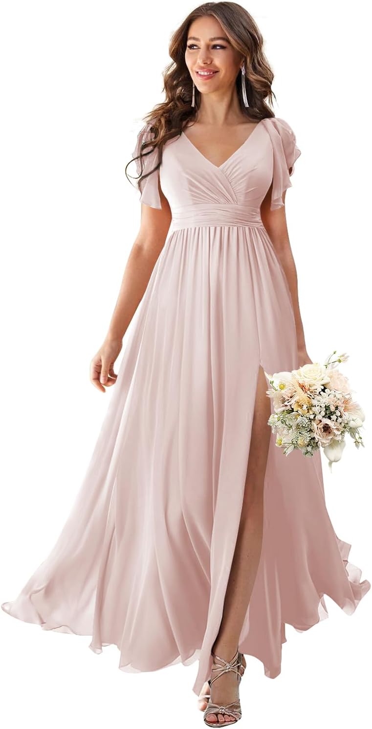V Neck Flutter Sleeves Bridesmaid Dresses with Slit 2025 Chiffon Aline Pleats Formal Evening Gowns for Women
