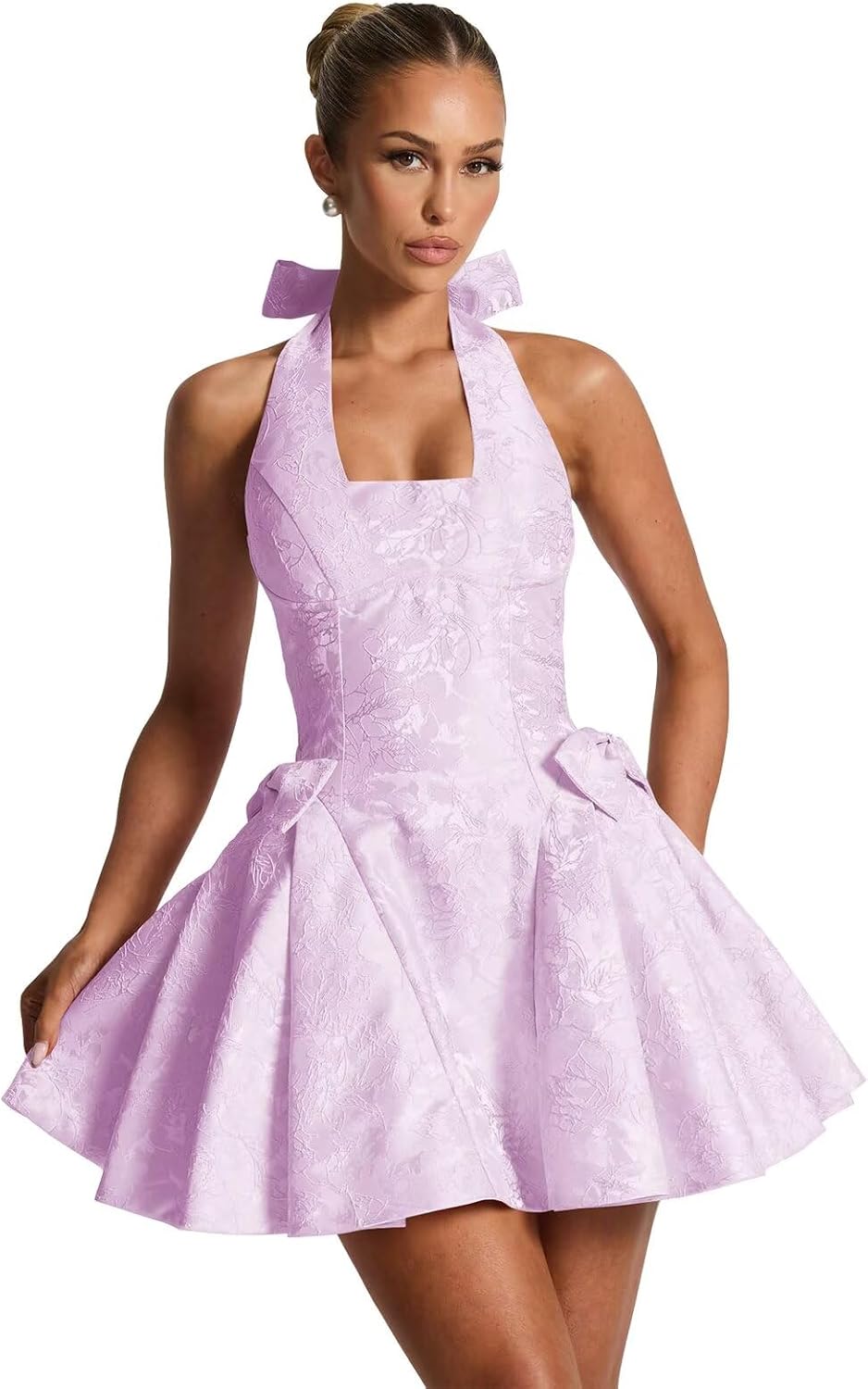 Satin Jacquard Halter Homecoming Dresses with Bow for Teens Mini A-Line Puffy Cocktail Corset Evening Party Gown