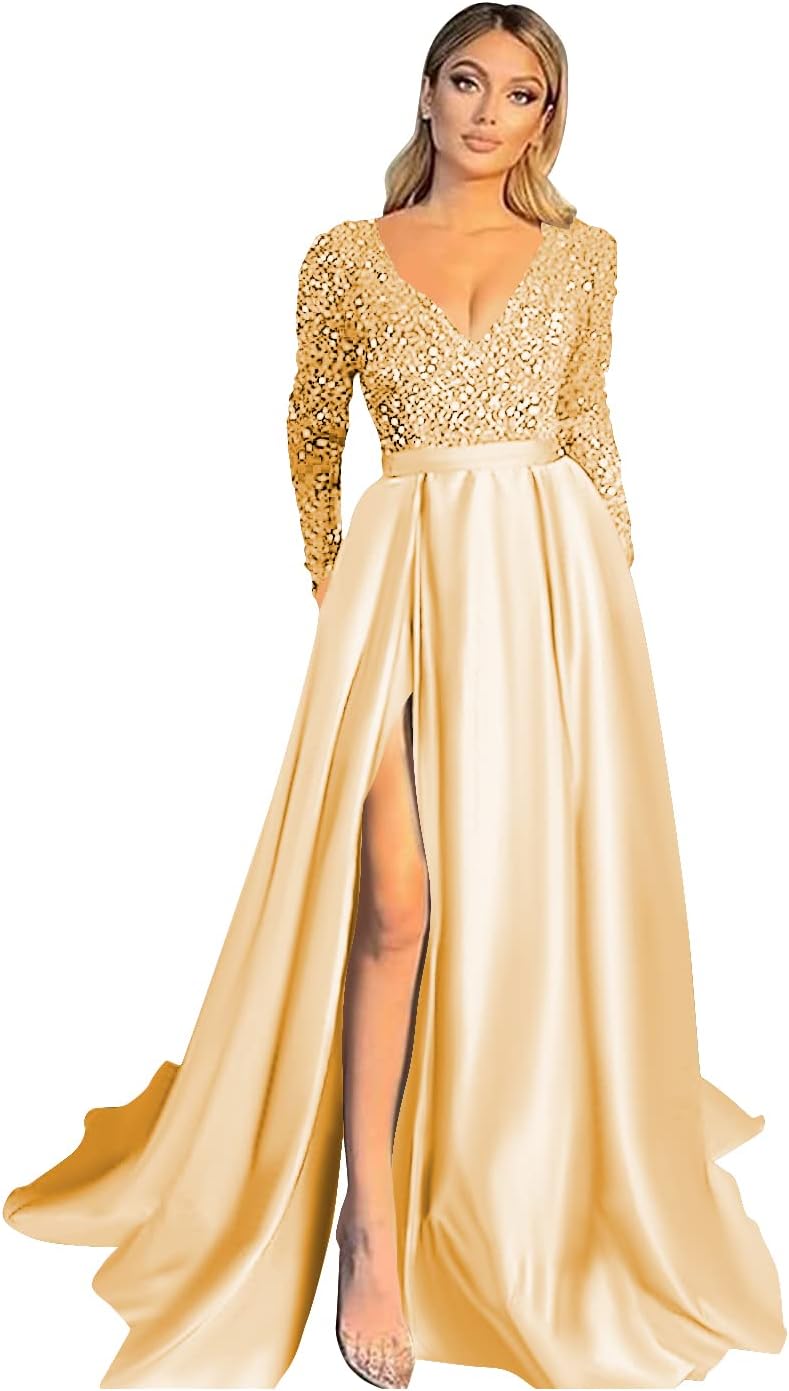 Vestido de fiesta de satén con lentejuelas brillantes para mujer, con bolsillos, manga larga y abertura. 