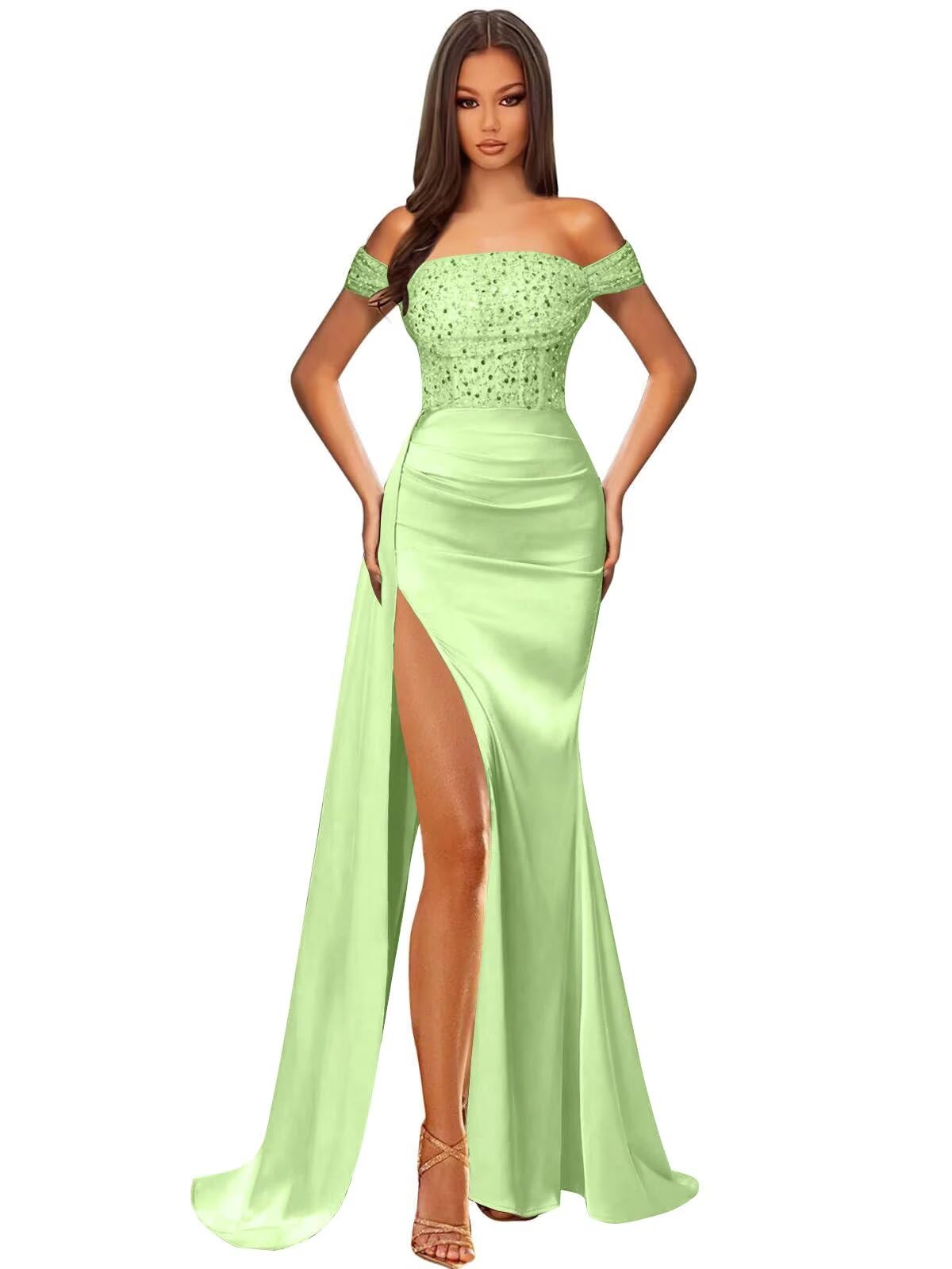 Off Shoulder Sequin Prom Dresses for Women 2027 Long Mermaid Tight Satin Formal Evening Party Dress with Slit