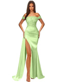 Off Shoulder Sequin Prom Dresses for Women 2027 Long Mermaid Tight Satin Formal Evening Party Dress with Slit