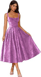 Jacquard Satin Prom Dresses 2026 Floral Square Neck Tea Length Ruched Elegant Formal Ball Gown with Pockets