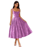 Jacquard Satin Prom Dresses 2026 Floral Square Neck Tea Length Ruched Elegant Formal Ball Gown with Pockets