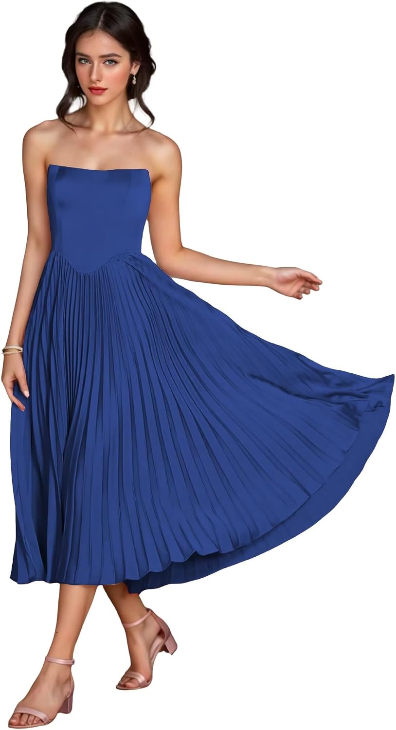 Women's Strapless Bridesmaid Dresses for Womens Tea Length Ruffle Satin Formal Prom Dress
