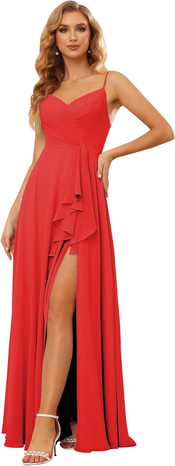 Vestidos de dama de honor largos de gasa con tirantes finos y bolsillos, vestidos formales con volantes y abertura para mujer 