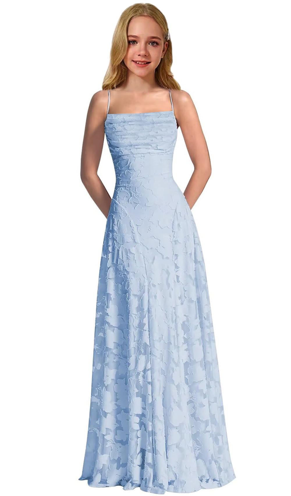 Lace Floral Junior Bridesmaid Dresses Long Spaghetti Strap Prom Dress for Teens Formal Gown Flower Girls Dress